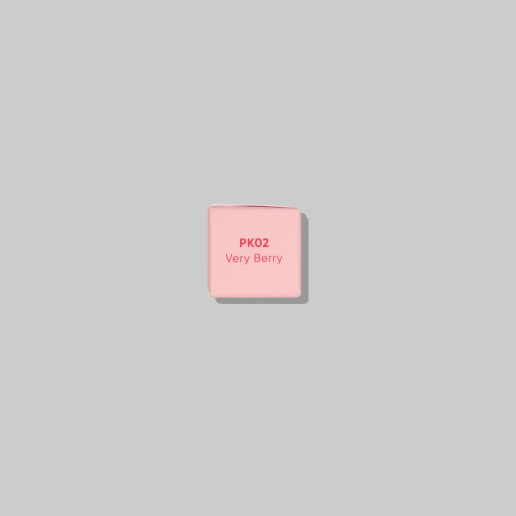 Pink color swatch labeled 'PK02 Very Berry' on a gray background