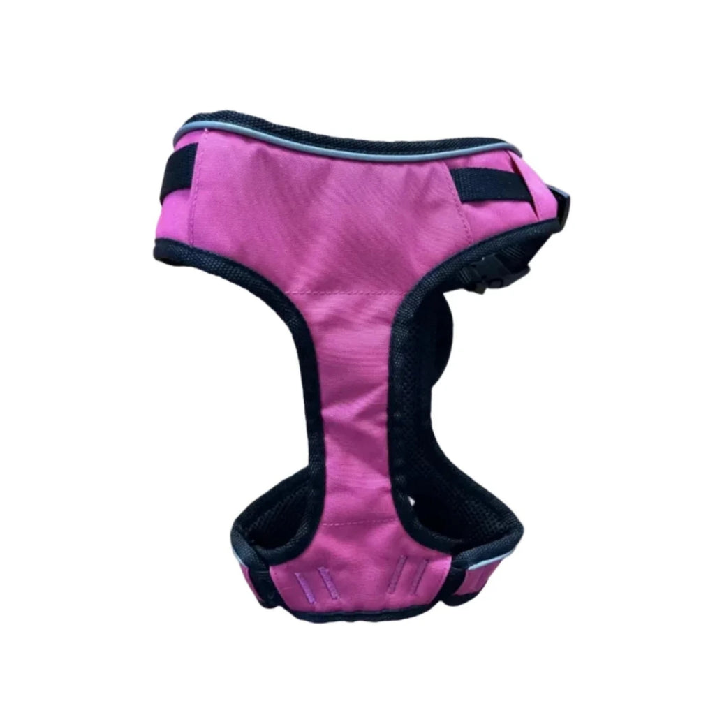 Pink dog harness with black straps on a white background